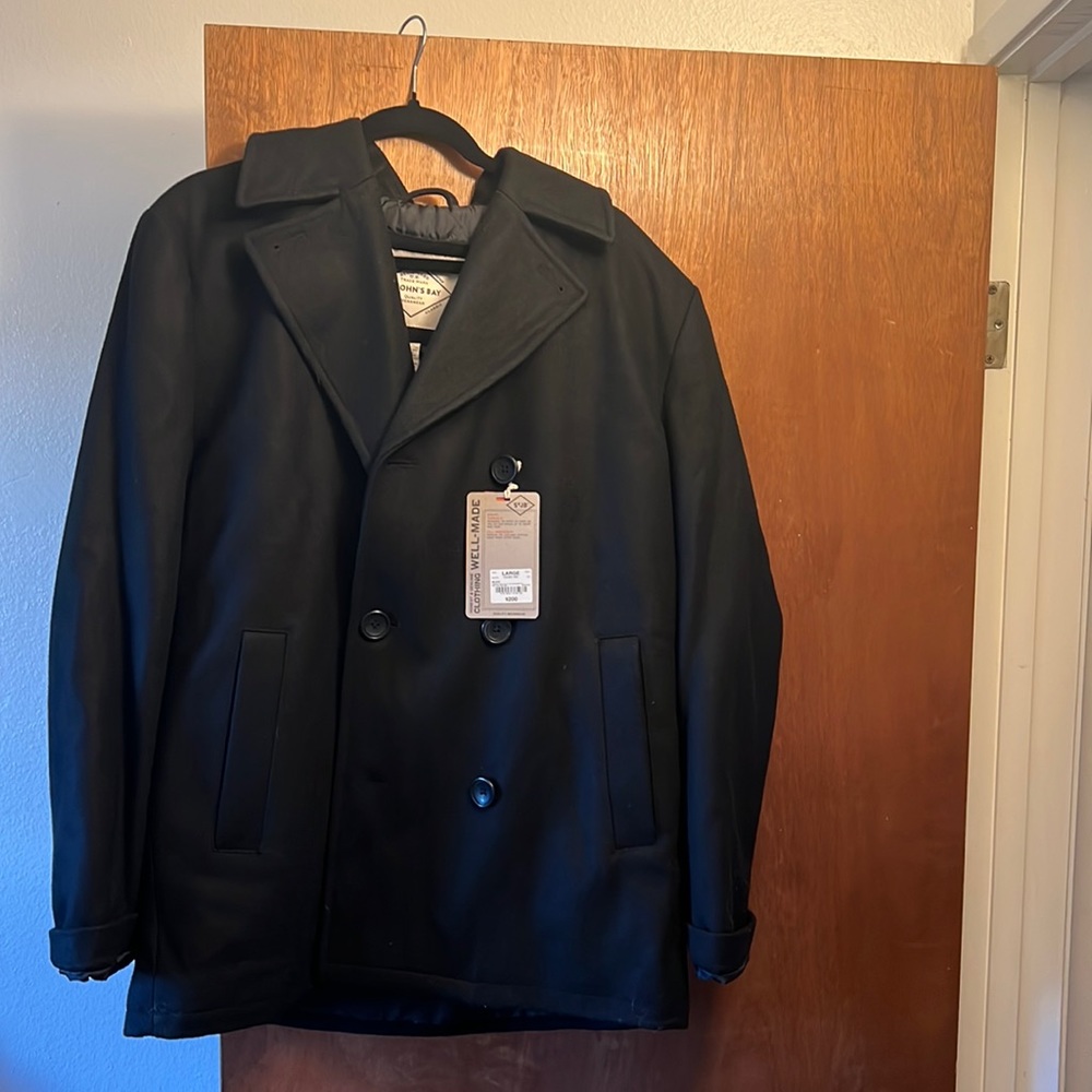 St. John’s Bay black Pea Coat NWT. Size Lg.